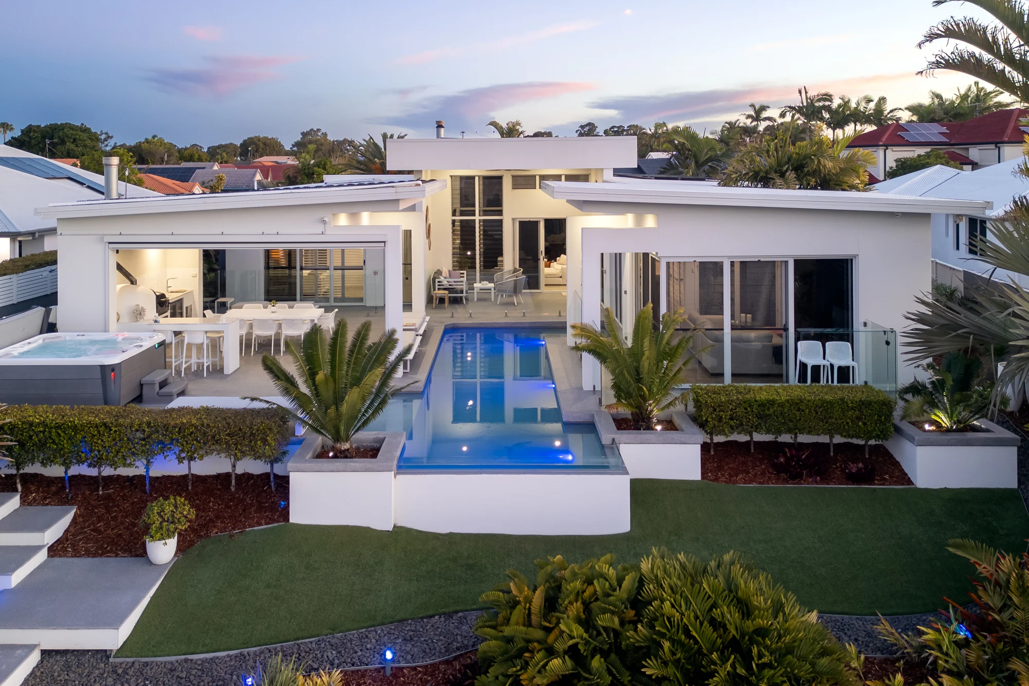 The waterfront elevation at blue hour